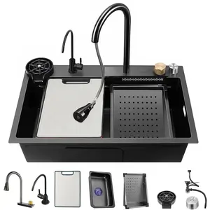 30 Inch Flying Rain Waterfall Kitchen Sink with Faucet, Drop In Workstation Sink Stainless Steel Single Bowl Smart Basin with Cup Washer, Cutting Board & All Accessories