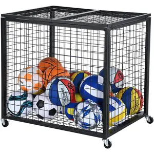 VEVOR Rolling Sports Ball Storage Cart, Basketball Cage with Double Lids, Sport Equipment Holder Organizer for Indoor Outdoor, Steel Storage Rack for Garages, Playgroup, Gym and Schools