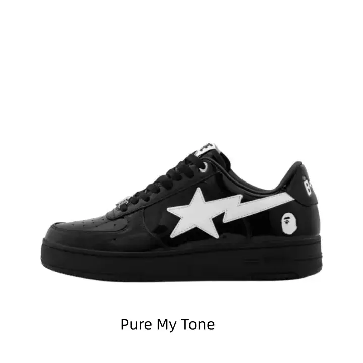 Cool matching couple low sneakers in solid black white star tone. Multi-hole breathable lining stays comfy on dates, skate trips and city walks, elastic cushioned midsole, sealed original packaging, minimalist street romantic gift.