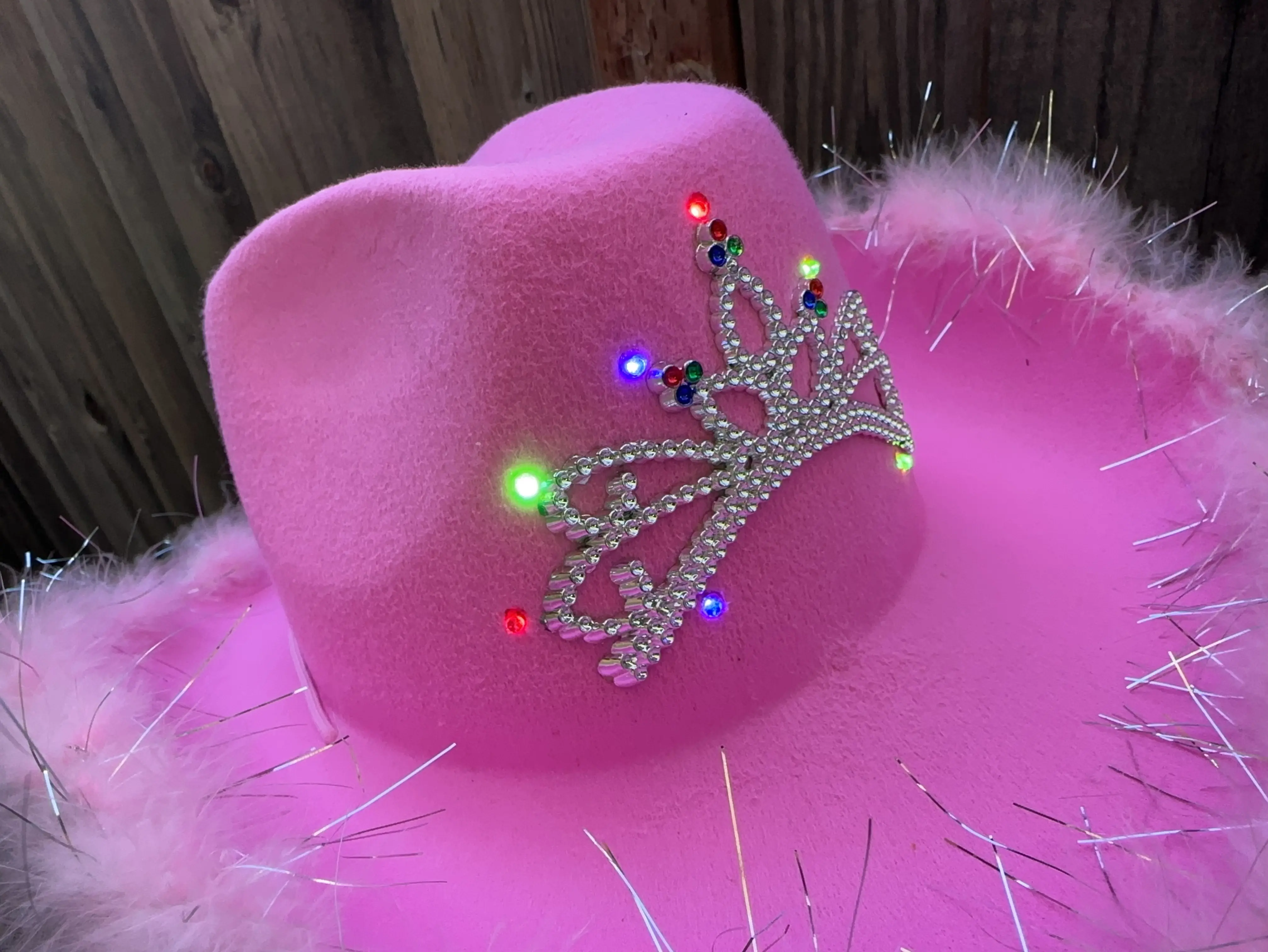 LED Light up Pink Cowgirl Hat with Tiara feather Boa,western 