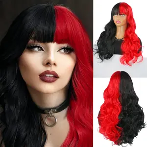 WOOLOOK HAIR 20 Inch Black and Red Wig with Bangs Long Curly Wavy Synthetic Heat Resistant for Women Natural Looking Daily Party Christmas Wig