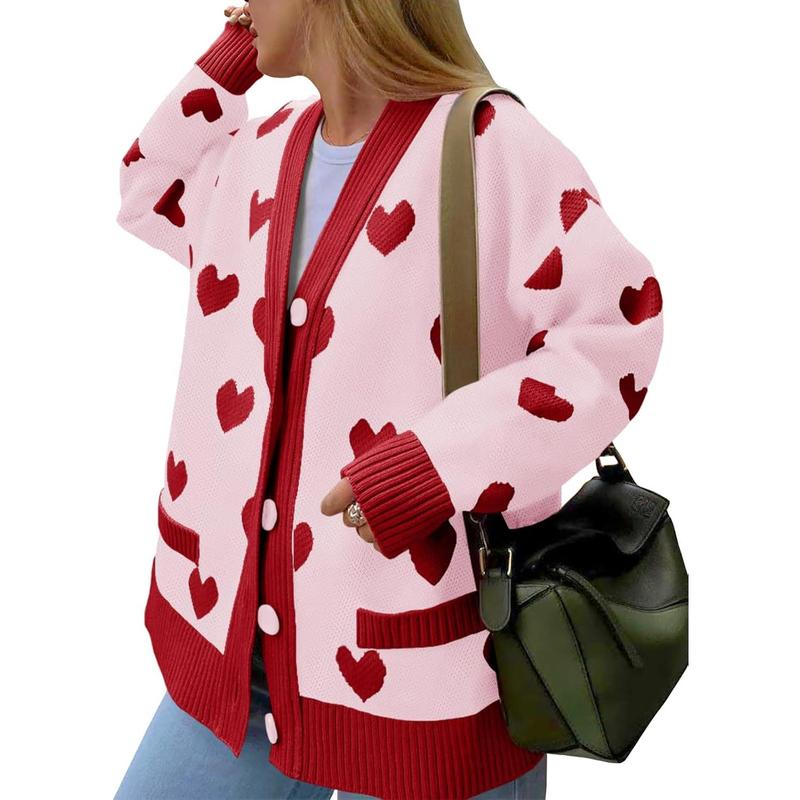 Saodimallsu Womens Oversized Heart Cardigan Color Block V Neck Button Long Sleeve Chunky Valentines Sweaters with Two Pockets & Contrast Trim