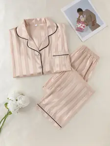Women's Striped Print Satin Pyjama Two-Piece Set, Long Sleeve Lapel Neck Button Front Pocket Blouse & Pants Pajama Set, Casual Comfortable Relaxed Fit Sleepwear Set for Women