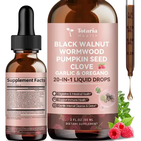 Totaria Nature 20 in 1 Black Walnut Wormwood Tincture - Clove Pumpkin Seed Garlic Oregano Berberine - Gentle Gut Cleanse & Digestive Health - Alcohol-Free Gut-Friendly Raspberry Flavor 2FL - Detox