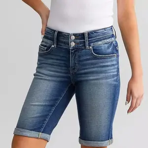 Women's Mid‑Rise Double Button Cuffed Bermuda Denim Shorts, Vintage Faded Wash Stretchy Knee‑Length Jean Shorts