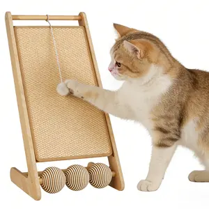 L-Shaped Sisal Cat Scratcher for Indoor Cats,Vertical Ramp Foldable Scratching Post with Interactive Toy Balls,Natural Sisal Pad Cat Scratching Board for Wall/Couch Furniture Protector