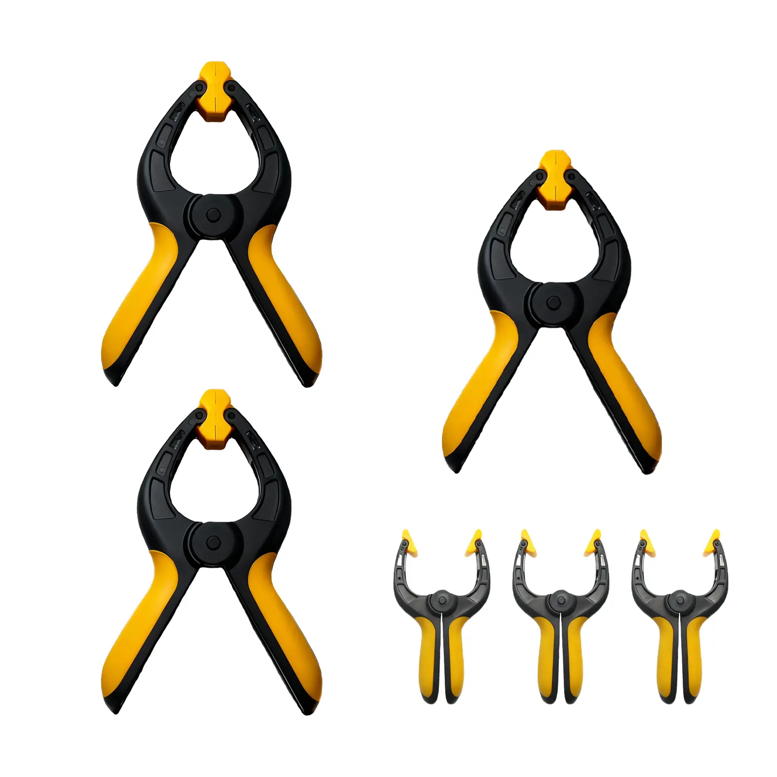 MECCANIXITY 4-Pack 6" Plastic Spring Clamps - Adjustable Pivoting Jaws, Anti-Slip Grip, 4 Pack x Squeeze Clamps for Backdrop Stands, DIY Projects, Home Improvement, Crafts, Lightweight 1-Hand Use, Black & Yellow