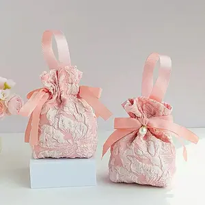 2 Small Floral Gift Bags, Canvas with Handles, Mini Drawstring Bags for Baby Baptism, Wedding, Birthday, Store Opening