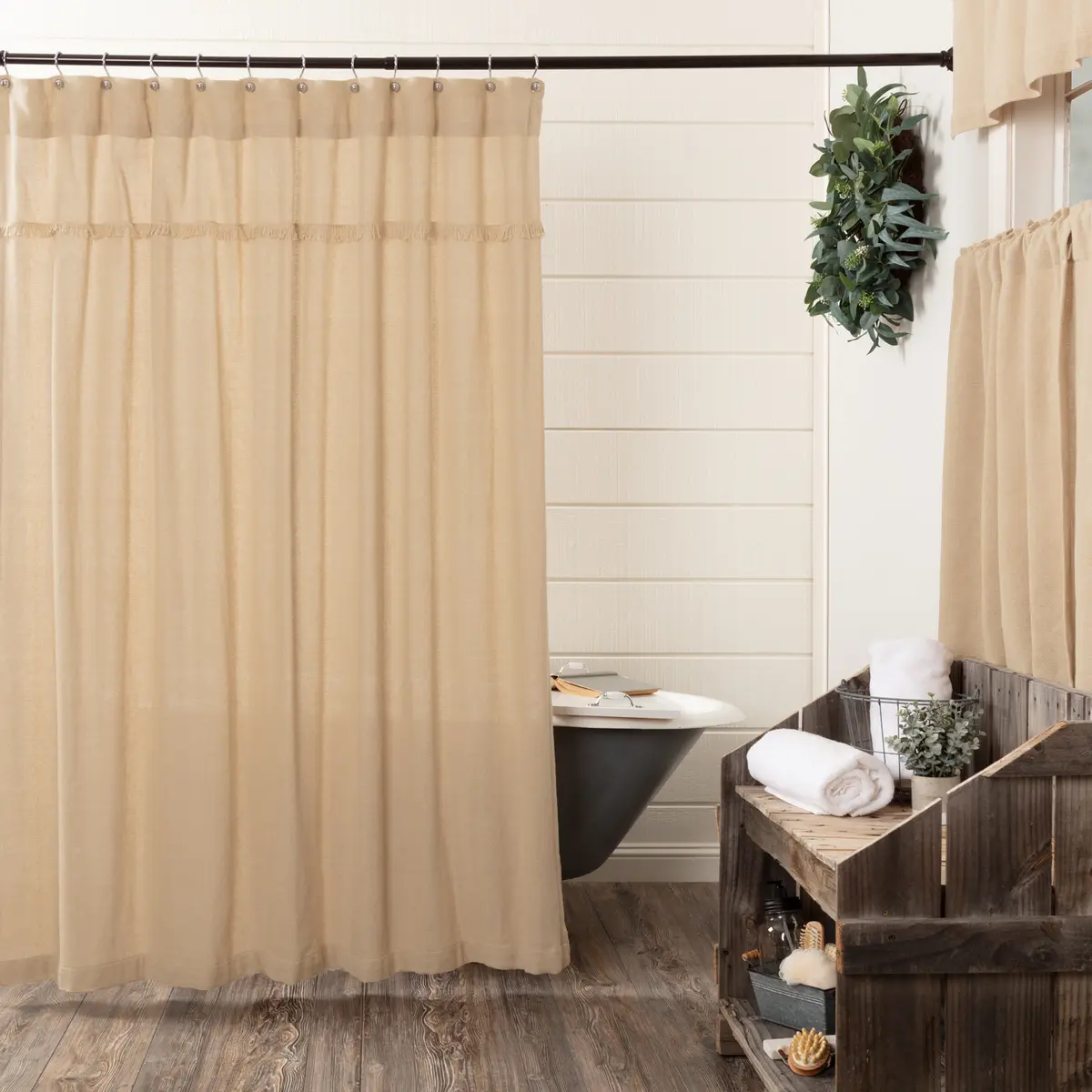 Baxter Fabric Shower Curtain, Vintage Tan Burlap, Bathroom Supplies, Farmhouse Style with Fringed Edge and Rod Pocket