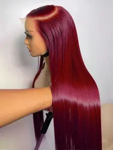 GK Burgundy Wig Human Hair 30inch 13x6 HD Transparent Lace Straight 99J Red Human Hair Wig Colored Reddish Brown Lace Frontal Wigs 180% Density Pre Plucked