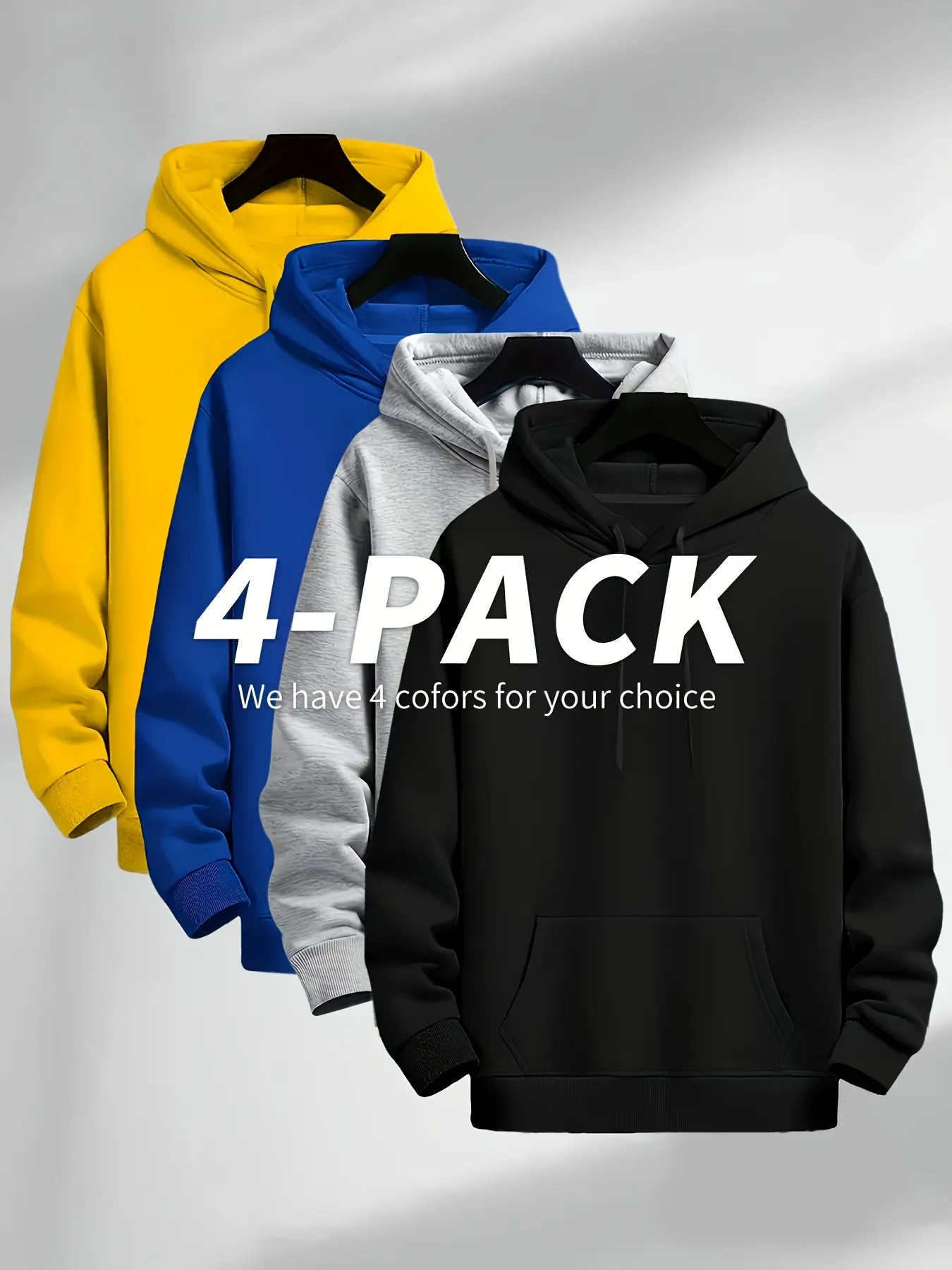 Men's 4-Pack Long Sleeve Hoodies - Casual Menswear with Yellow, Blue, Gray, Black Colors, Comfortable Fabric, Stylish Design, Pocket for Daily Wear