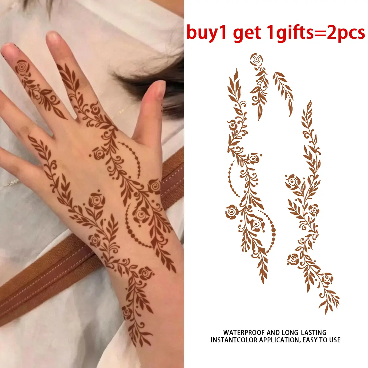 Women's Brown Henna Rose Vine Series Temporary Tattoo Stickers - 2 Sheets, Semi-Permanent Waterproof Realistic Fake Tattoos, Suitable for All Skin Types, Ideal for Swimming, Party