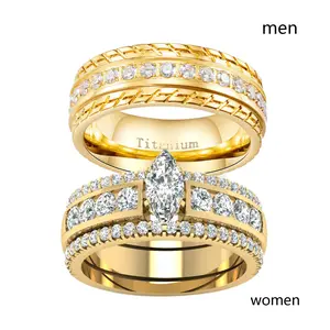 Couple Rings 4pcs Matching Marquise 1ct AAA CZ Yellow Gold Plated Women & Men Wedding Ring Sets IP Plated Titanium Steel Bands