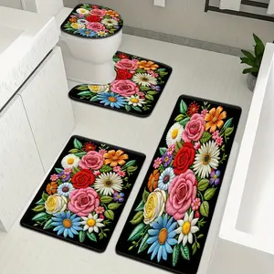 3pcs/4pcs Red Rose & Daisy and Toilet Lid Cover - Soft Flannel Bath Rug with U-Shaped Mat Suitable for Bathrooms, Decor (Rose Pattern)