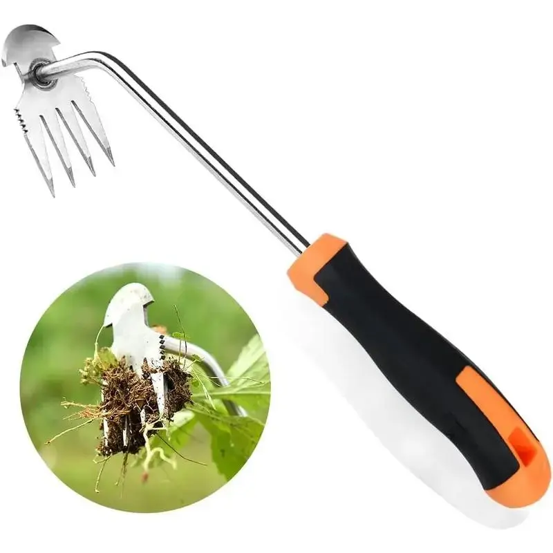 Garden Weed Removal Tool, Stainless Steel Weeder Hand Tool with Ergonomic Handle for Yard, Patio & Cracks,4-Tine Weeding Tool, Stainless Steel Garden Weeder with Sharp Tines for Root Removal & Lawn Care