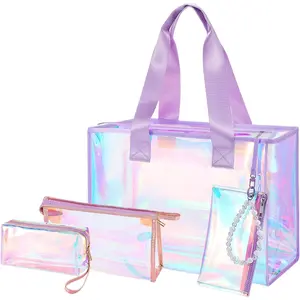 26L Iridescent Beach Tote Bag with 3 Small Beach Pouch & Zipper- Sandproof Jelly Bag for Women Travel Gifts