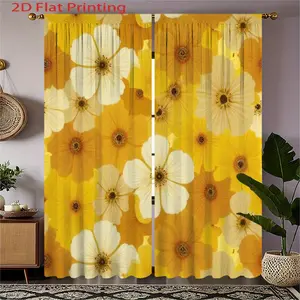2D Flat, 2pcs Mustard-Yellow & White Floral Curtains