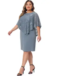 Agnes Orinda Plus Size Cape Dress with Lace Overlay for Women Bodycon Wedding Cocktail Party Pencil Dresses