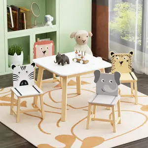 5 Piece Kiddy Table and Chair Set , Kids Wood Table with 4 Chairs Set Cartoon Animals (bigger table) (3-8 years old),Preschool/Children's Desk and Chair Set, Preschool Dining/Learning/Playing/Drawing/Eating/Game Set,Safe, sturdy, comfortable, and stable
