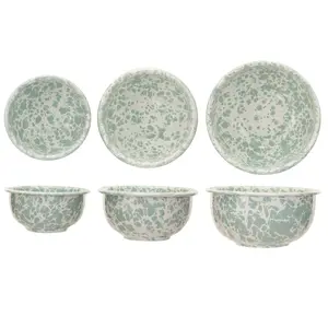 Three-Piece Enameled Metal Bowls Set Green/White Splatter