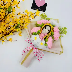 Handmade Crochet Virgin Mary Doll Bouquet, Crochet Flowers Bouquet, Flower Design, Mother's Day Friend Lover Grandmother Party Gift, Artificial Flower Arrangement Knit Memorial Gift