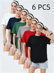 Womenswear Women's Plus Size Crew Neck T-Shirts - 6-Pack Solid Color Short Sleeve Casual Tees for Gym