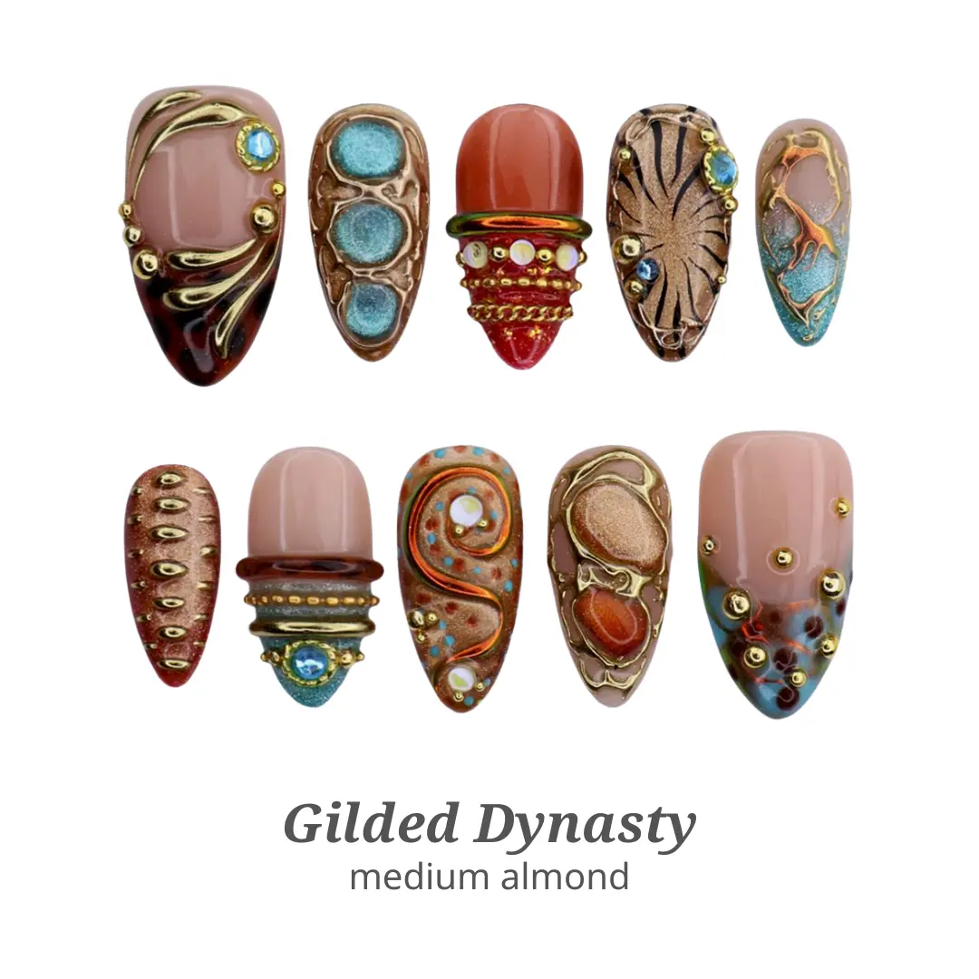 Lilynailsart | Maximalist Gold Gemstone Nails – Metallic Chrome 3D Gem Abstract Nails – Medium Almond Luxury Nails
