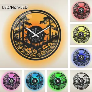 Modern Record-Shaped Wall Clock, Round Transparent Glass, Forest Scene, Flowers Trees, 25/30/35 Cm, LED Color Changing