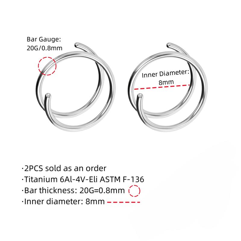 Oufer 20G 2PCS Titanium Spiral Double Rows Hoop Right Side Nose Rings Hoop Inner Diameter 8mm