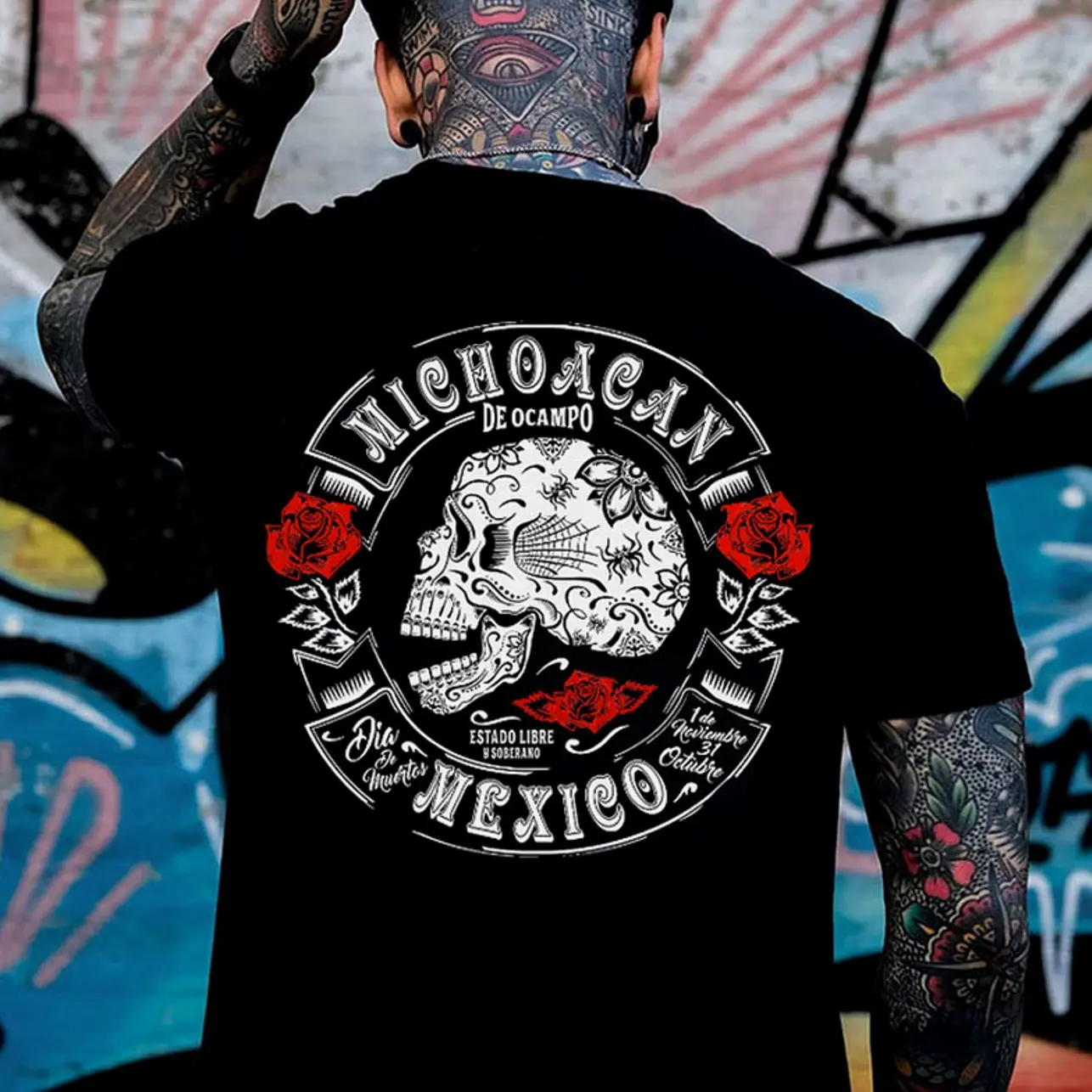 MICHOACAN MEXICO Skull Black Print T-shirt