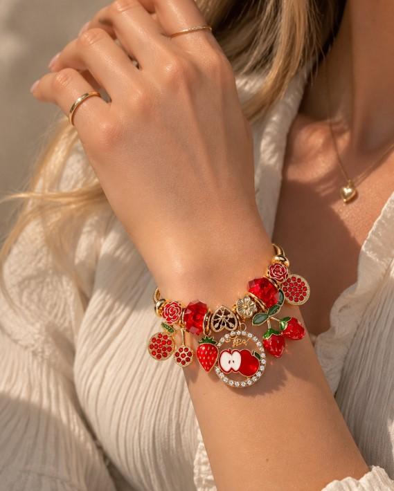 Gold Snake Chain Bracelet with Enamel Charms and Red Crystal for Women Jewelry Gold Snake Chain Bracelet with Enamel Charms and Red Crystal for Women Jewelry