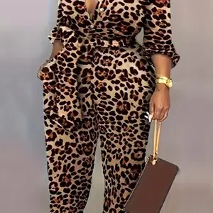 Plus Size Leopard Print Belted Jumpsuit, Casual Long Sleeve Collared Jumpsuit, Women's Plus Size Clothing.