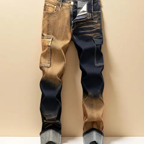 Men's straight-leg slim-fit stretch jeans with irregular patterns and floral patterns