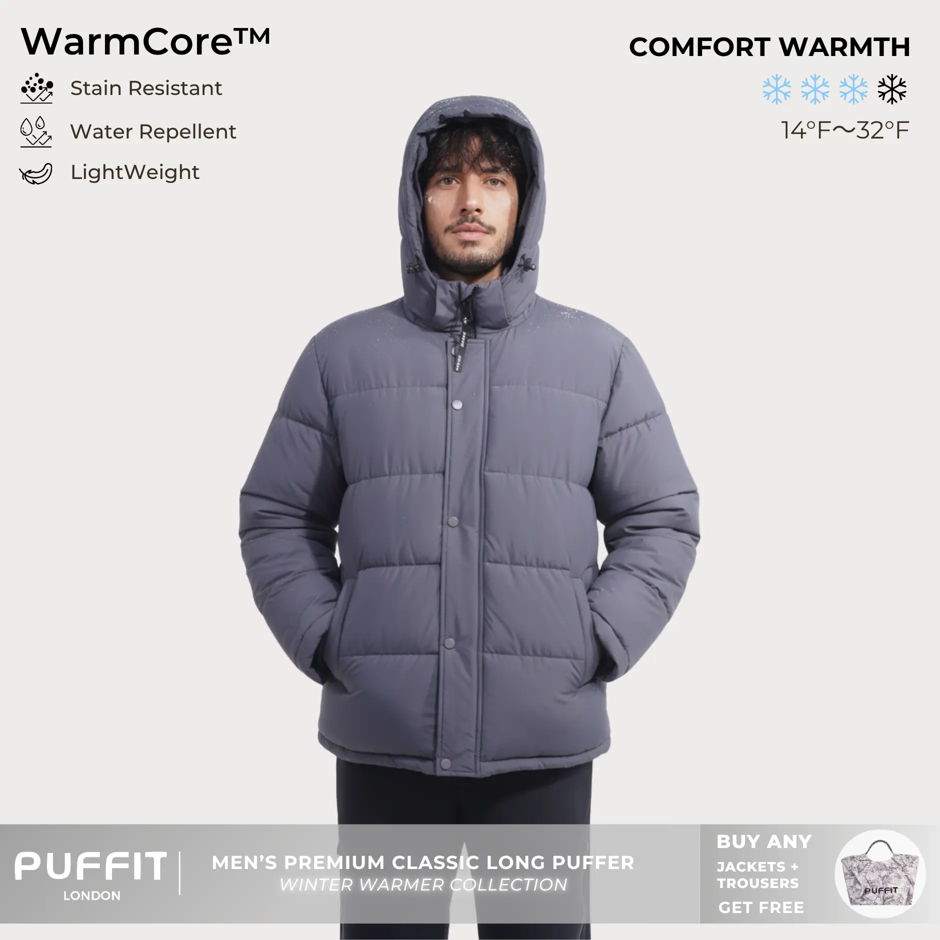 PUFFIT WarmCore Men's Premium Detachable-Hood Puffer Classic Lightweight Winter Coat,Windproof,Water-Repellent,Adjustable Drawstring Design,Fall,2026 Shopping