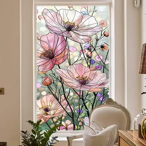 Vintage Floral Flower Pattern Static Cling Window Film, Removable Privacy Glass Decal, Decorative Window Sticker for Home Living Room Bedroom, Flower Window Clings