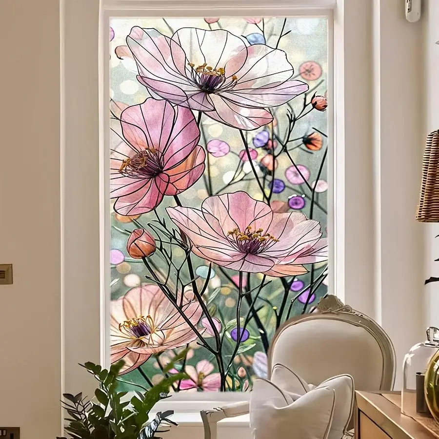 Vintage Floral Window Film, Removable Static Cling Privacy Decal for Bedroom, Kitchen & Bathroom Decor, Semi-transparent Flower Glass Sticker, Home Ve