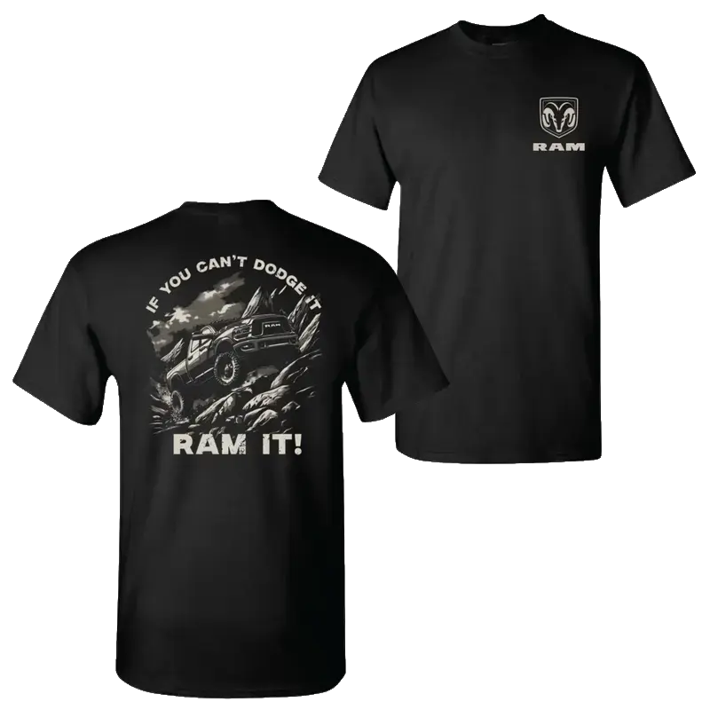 RAM Trucks T-Shirt – Off-Road Tee Featuring Left Chest Logo & If You Can't Dodge It Ram It Mountain Back Graphic, 4x4 Truck Design Novelty Gift for Ram Owners & Off-Road Enthusiasts, Menswear Medium Men's