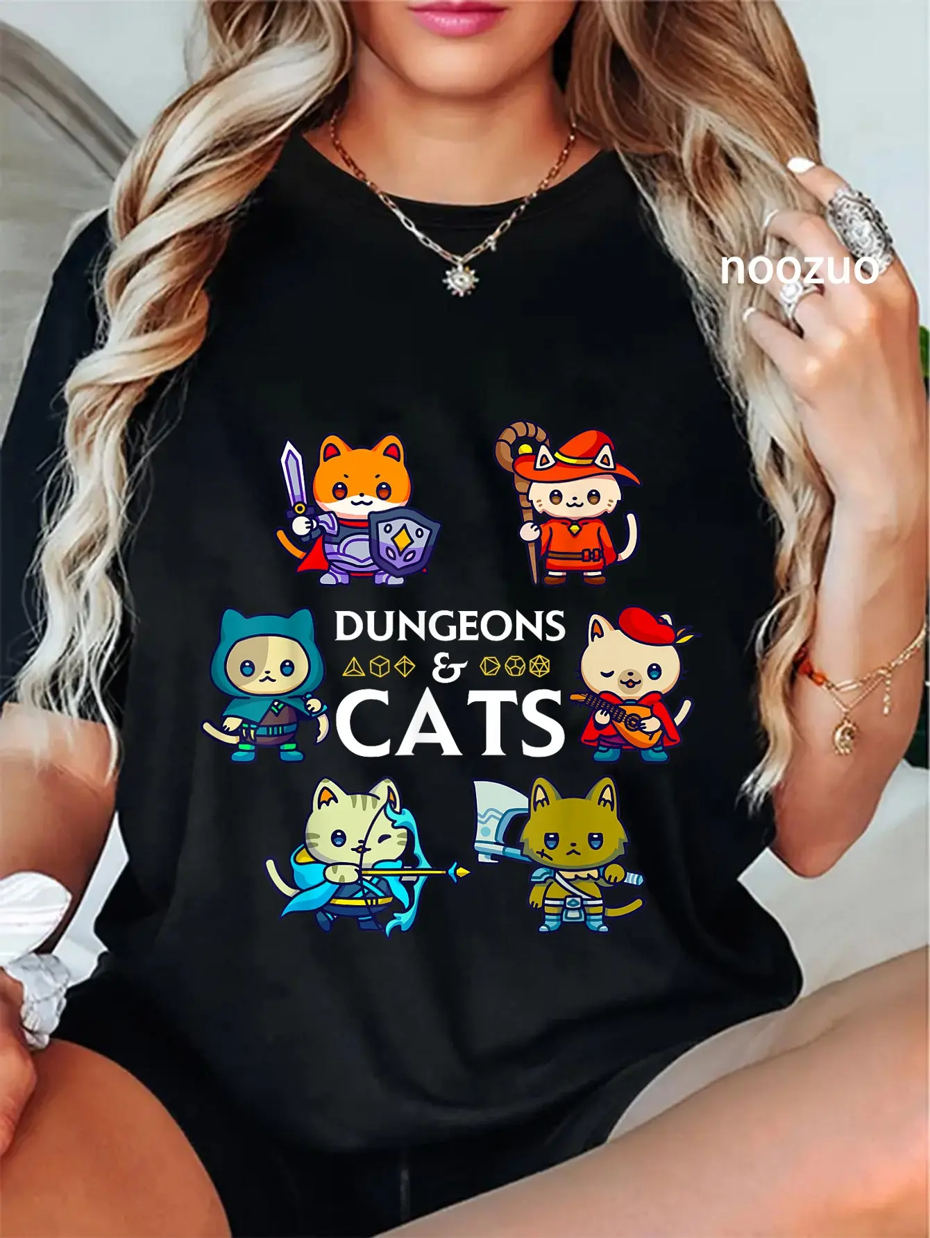 Women's 100% Cotton Short-Sleeve Casual Everyday Graphic Streetwear T-Shirt - RPG Gamer Cats, D20 Dice, Nerdy Geek Design, Shortsleeve, Top, Tshirt, Vintage, Distressed Look, Nerdy Theme, Lady, Round Neck, Whimsical
