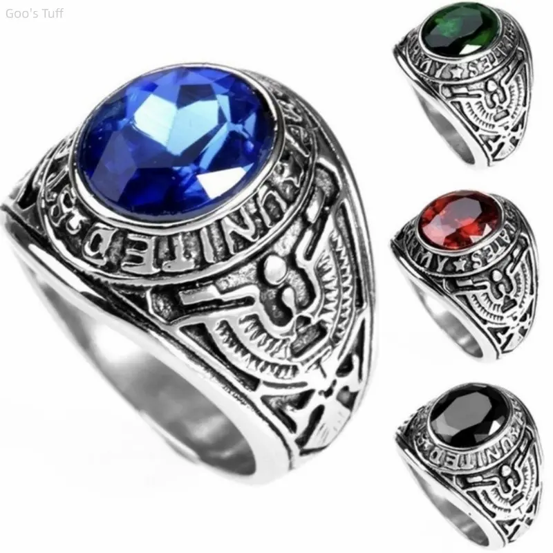 Men's Vintage Alloy Metal Ring - Eagle Motif Round Band Inlaid with Multi-Color Gems - Military Veteran Costume Jewelry for Everyday Wear & Parties, Band Rings, Decorated Ring