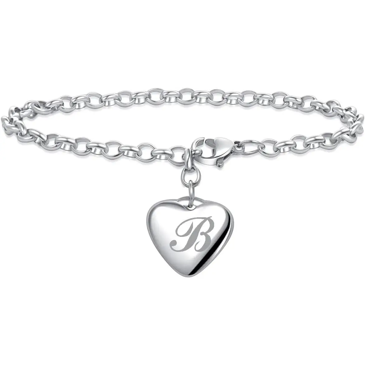 Women A to Z Initial Letter Charm Bracelets Stainless Steel Alphabet Heart 26 Letters Link Bracelet for Mens Birthday Gifts