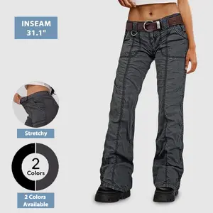Flamingals Women's Solid Stitch Detail Mid Rise Straight Leg Cargo Pants High Stretch Fabric 31.1" Inseam Machine Washable Modern Essential Trousers