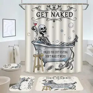 1/4pcs Skull Bathtub Pattern Shower Curtain Set, includes a shower curtain, toilet seat cover, rectangular mat, and U-shaped mat. Perfect for bathroom décor, beautifying the space. Comes with 12 shower curtain hooks.