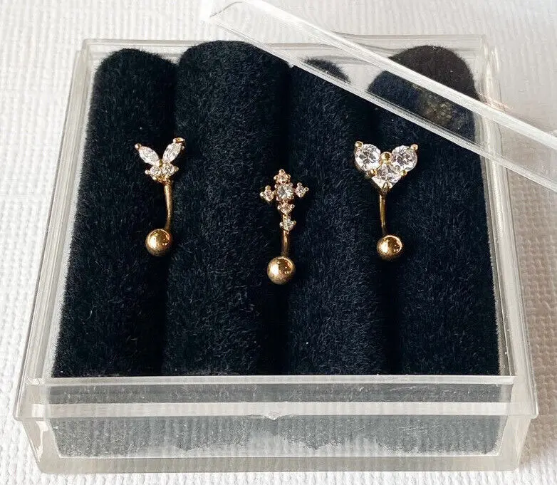 3pc Box Set Steel Eyebrow Rings Curved Barbells Butterfly, Cross, Heart