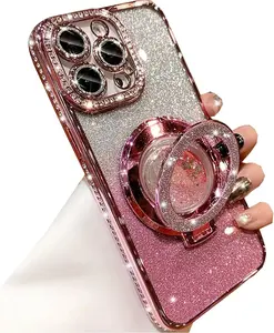 Glitter Kickstand Case for iPhone 16 15 14 13 12 Pro Max Luxury Bling Sparkly Diamond Rhinestone with Camera Protector Liquid Flowing Ring Stand TPU Bumper Case for Women Girls