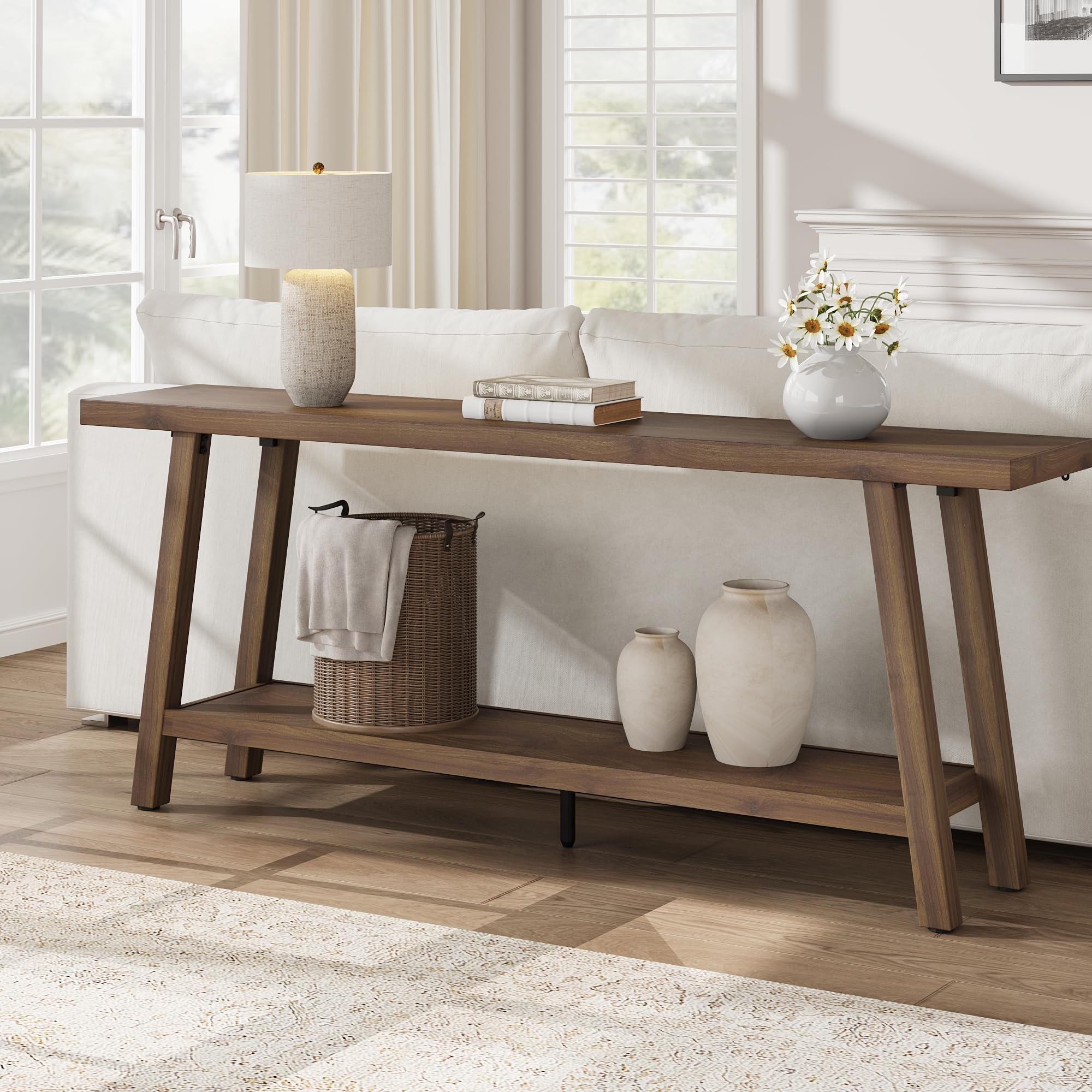 70.87 in Extra Long Farmhouse Console Table Entryway - Heavy-Duty 2-Tier Narrow Rustic Vintage Brown Engineered Wood Sofa Foyer Stand, 350lb Capacity with Natural Grain for Entryway, Living Room, Entryway Console Table 70.87 in Extra Long Farmhouse Console Table Entryway - Heavy-Duty 2-Tier Narrow Rustic Vintage Brown Engineered Wood Sofa Foyer Stand, 350lb Capacity with Natural Grain for Entryway, Living Room, Entryway Console Table