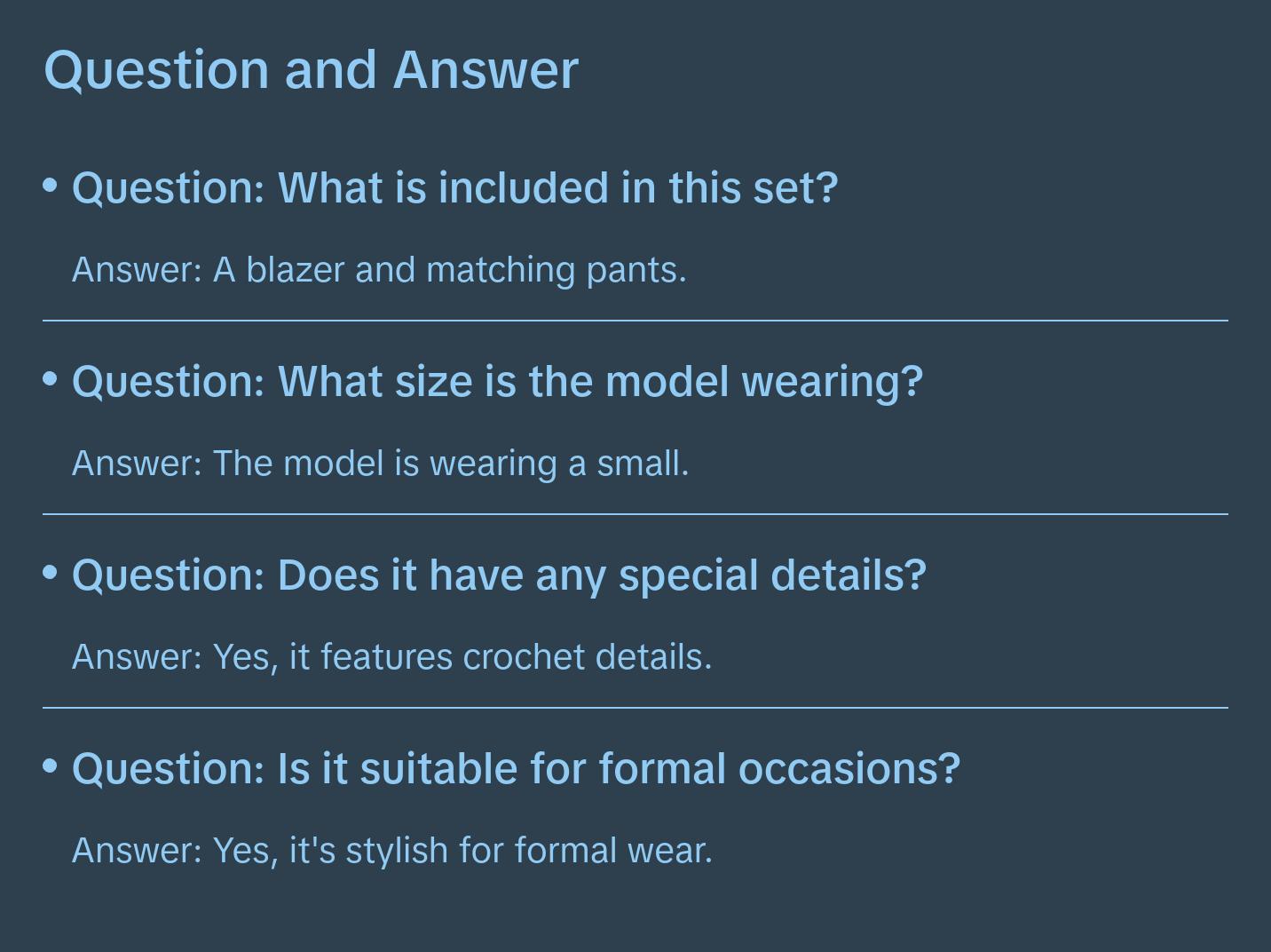 "Melissa" Long Sleeve Blazer And Crochet Details Matching Pants Set