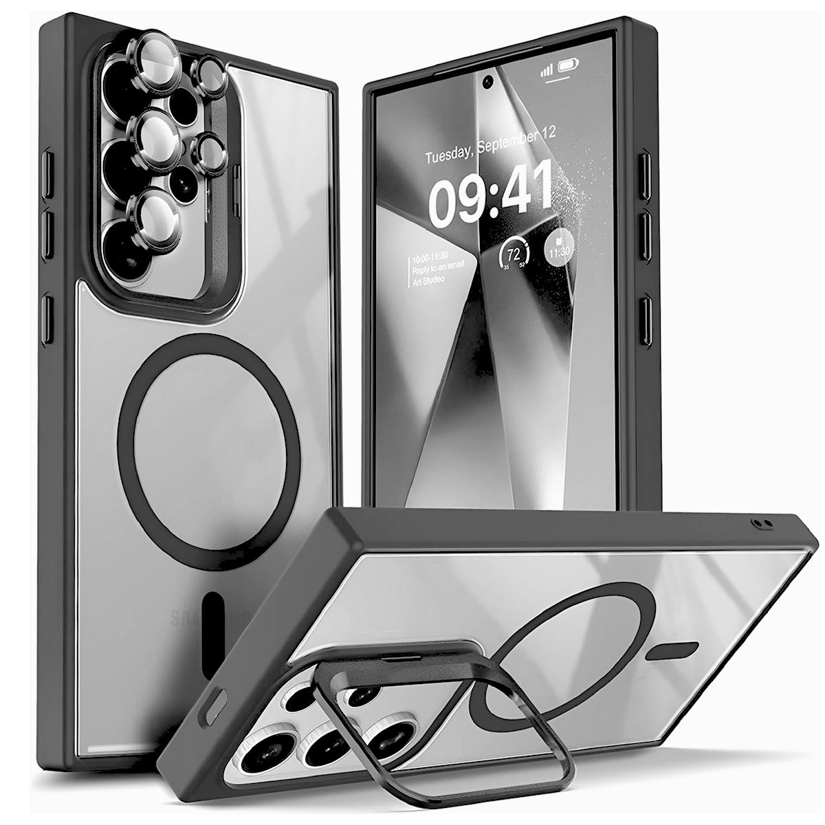 For Samsung Galaxy S26/S25/S24/S23 Ultra/Plus Case with Camera Ring Stand, Shockproof Clear Heavy Duty Cover, MagSafe Compatible + Lens Protector