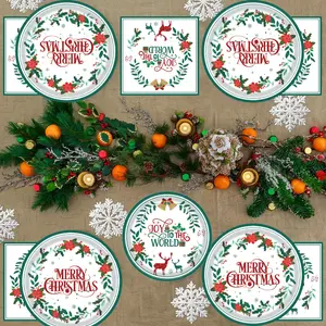 Christmas Wreath Theme Party Disposable Paper Plates Napkins Cups Straws Holiday Decoration Set, Festive Supplies for Christmas Parties