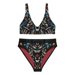 Women High Waist Gothic Floral Bikini Set Black Snake Butterfly Skull Deer Antler Dark Botanical Print Comfy Swimsuit Summer Beach Pool Party Two Piece
