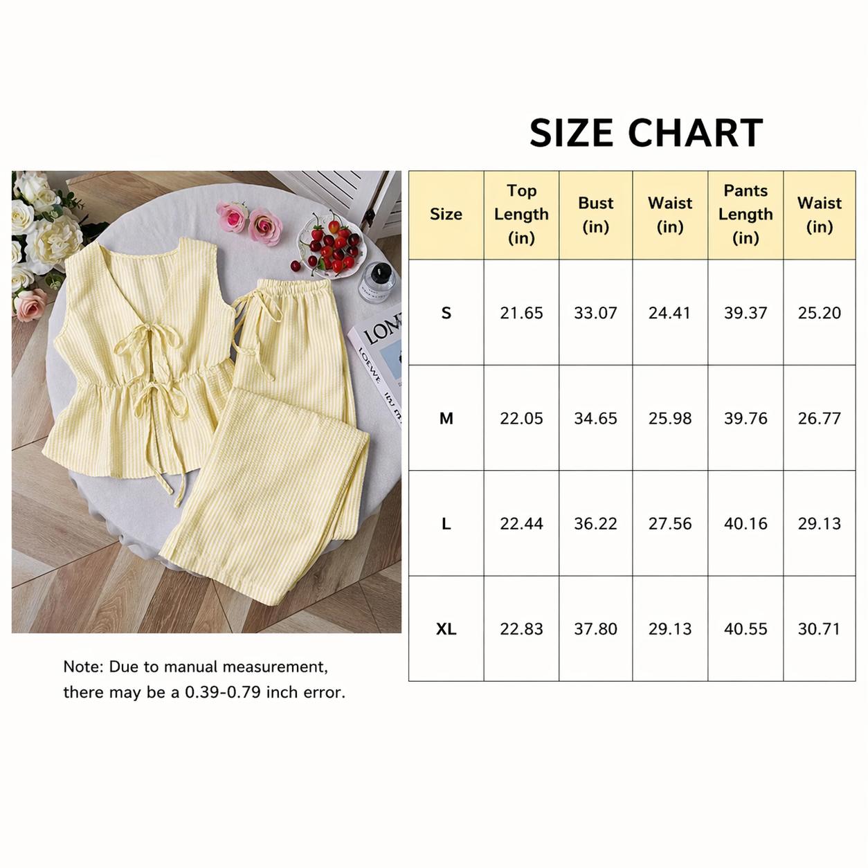 Women's 2 Piece Striped Lounge Set with Pockets Sleeveless Tie Front V Neck Wide Leg Pants Soft Summer Casual Pajamas Loungewear